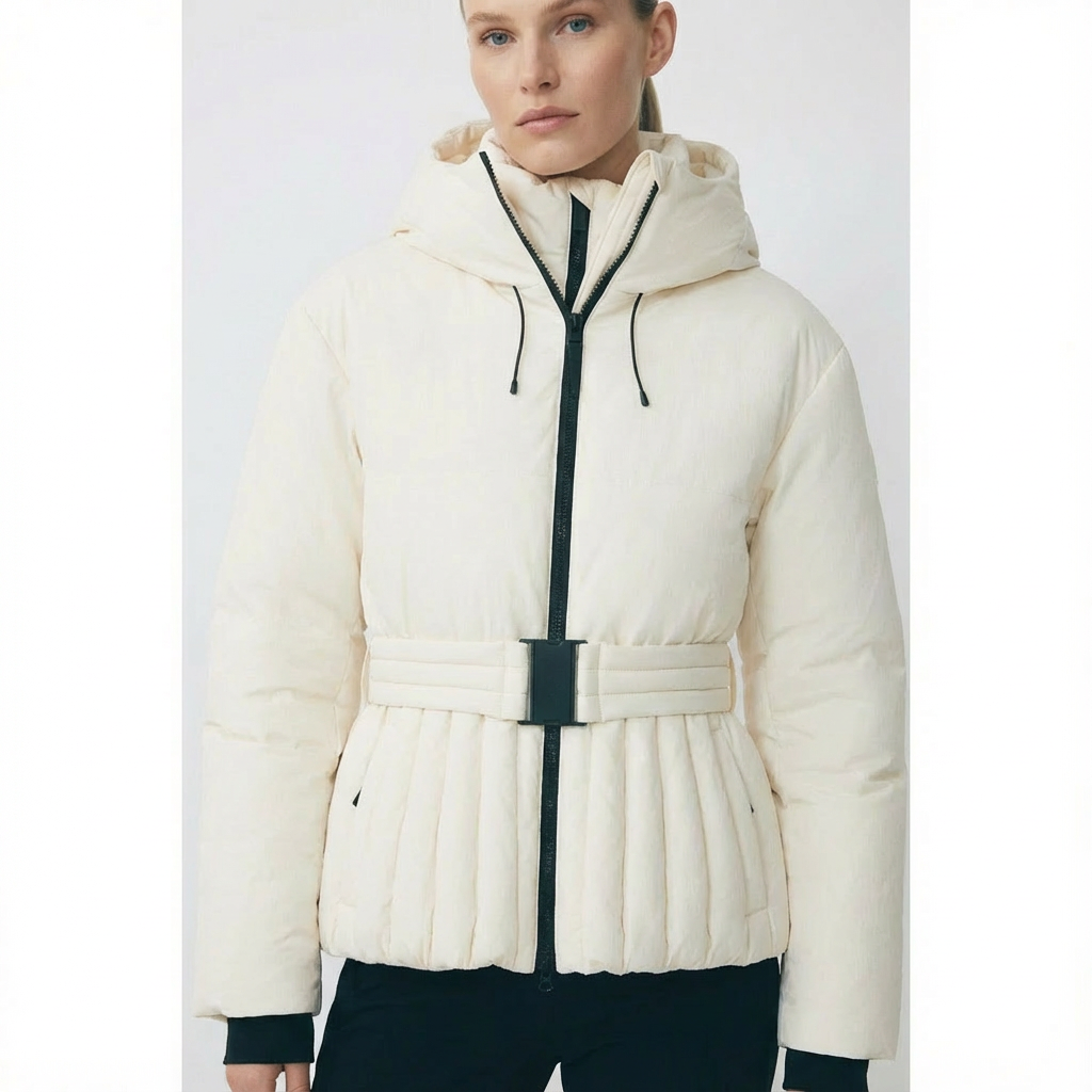 Women's Ski Jacket with Detachable Hood, Belted Fitted Waist - 2