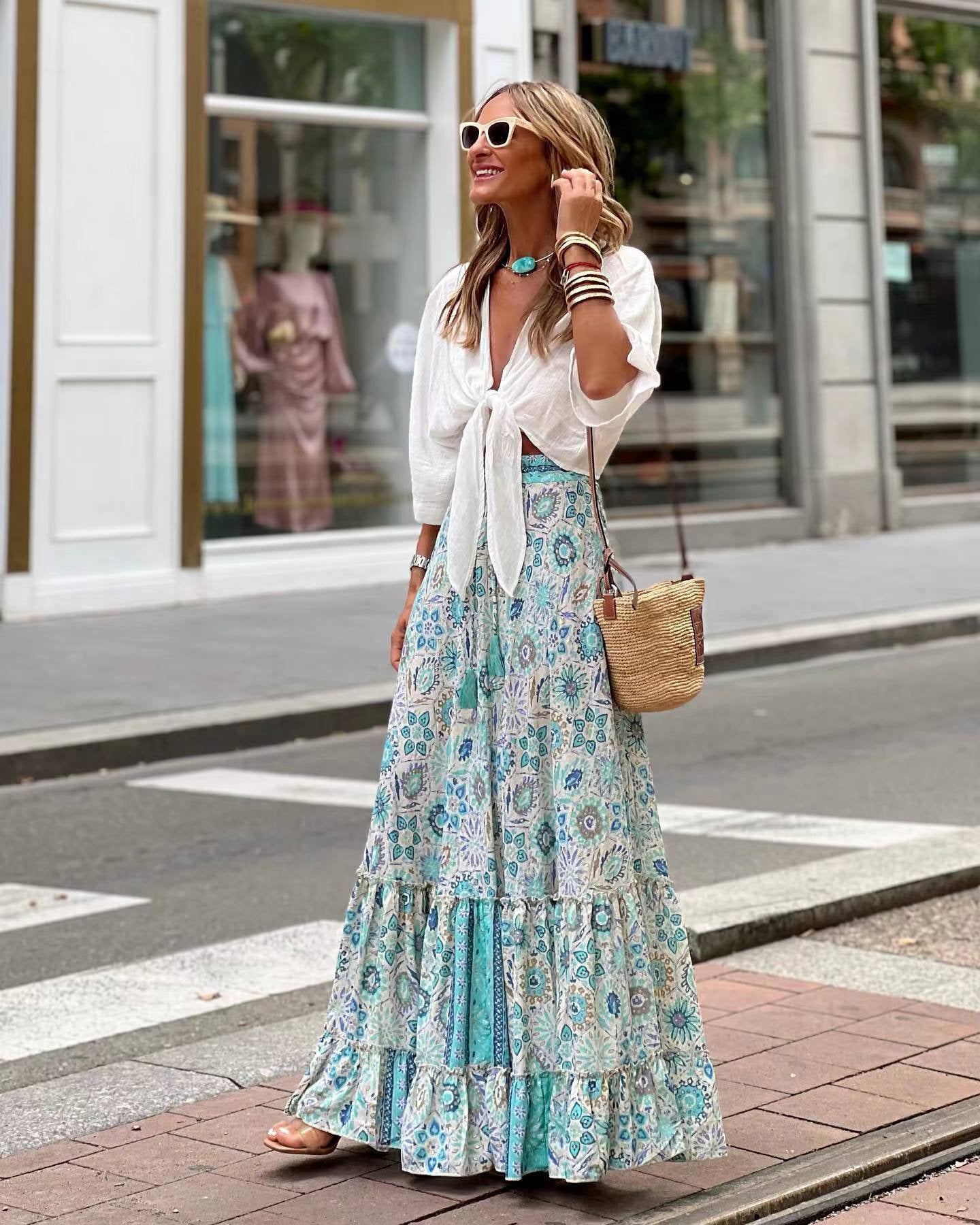 Women's Wide A-Line Maxi Skirt with Tiered Ruffle Hem and Print - Blue