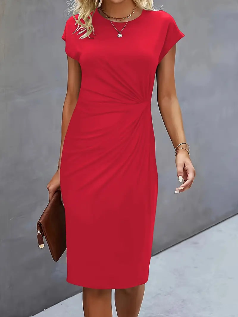 Women's Midi Dress with Round Neck and Ruched Waist - Red