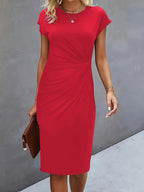 Women's Midi Dress with Round Neck and Ruched Waist - Red