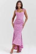 Women's Corset Maxi Dress with Gathered Waist and Sweetheart Neckline - Pink