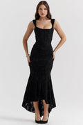 Women's Corset Maxi Dress with Gathered Waist and Sweetheart Neckline - Black