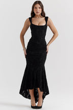 Women's Corset Maxi Dress with Gathered Waist and Sweetheart Neckline - Black
