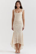 Women's Corset Maxi Dress with Gathered Waist and Sweetheart Neckline - Beige