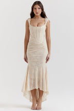 Women's Corset Maxi Dress with Gathered Waist and Sweetheart Neckline - Beige