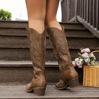 Women's Knee-High Embroidered Cowboy Boots with Pointed Toe - 5