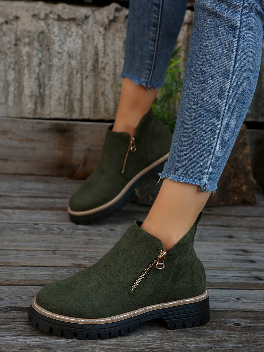 Women's Ankle Boots with Side Zip and Chunky Sole - 8
