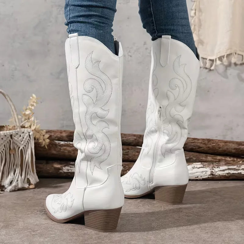 Women's Knee-High Embroidered Cowboy Boots with Pointed Toe - 13