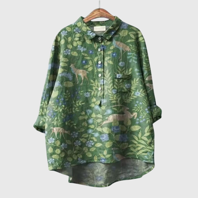Women's Blouse with Collar and Cat Print - Light Green