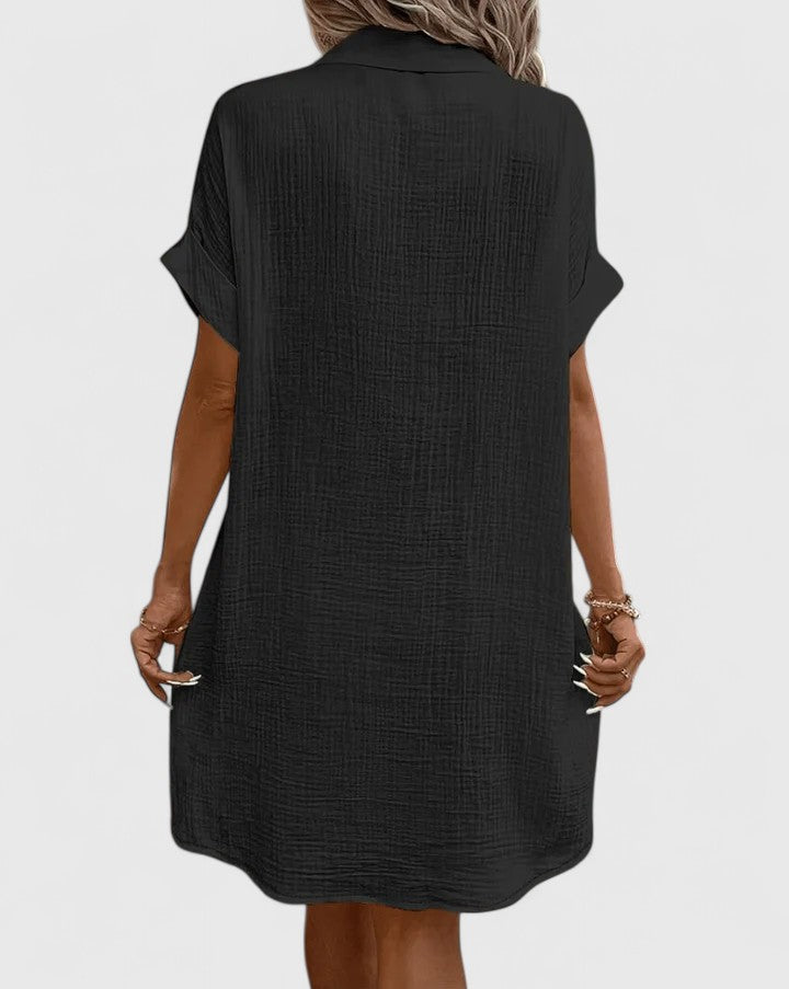 Women's Shirt Dress Short Sleeve with Collar and Button Front - 5
