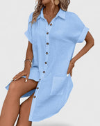 Women's Shirt Dress Short Sleeve with Collar and Button Front - 6