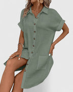 Women's Shirt Dress Short Sleeve with Collar and Button Front - 7