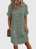 Women's Shirt Dress Short Sleeve with Collar and Button Front - 8