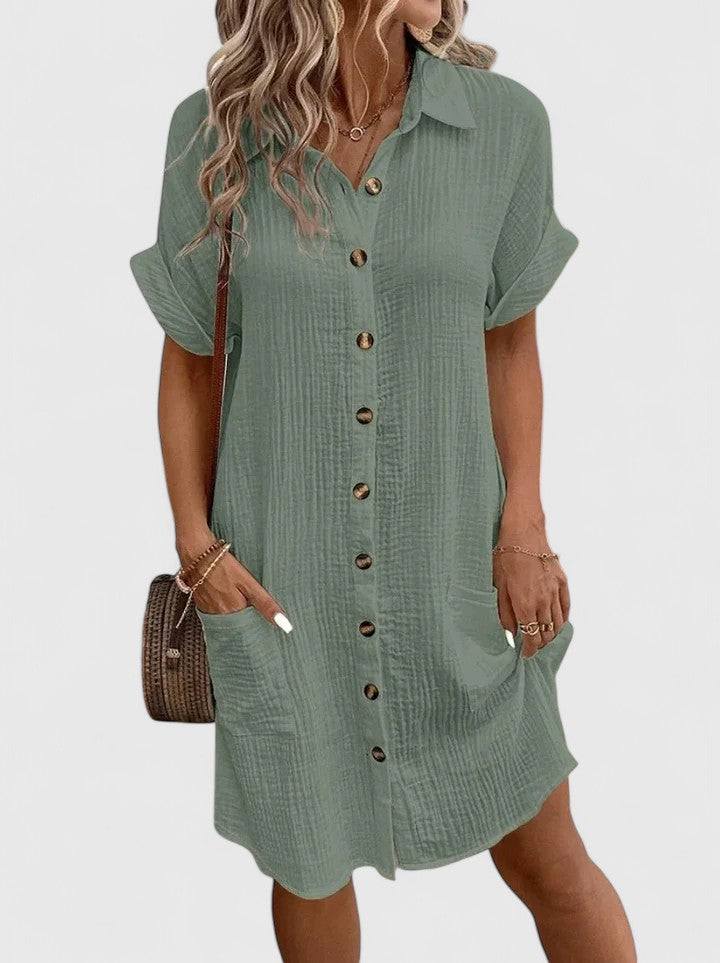 Women's Shirt Dress Short Sleeve with Collar and Button Front - 8
