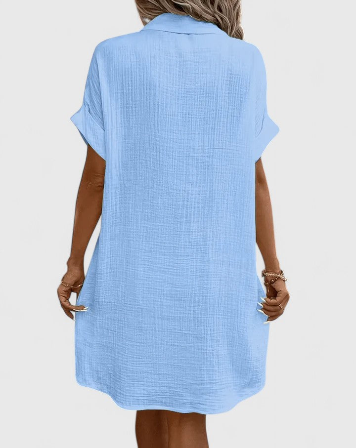 Women's Shirt Dress Short Sleeve with Collar and Button Front - 9