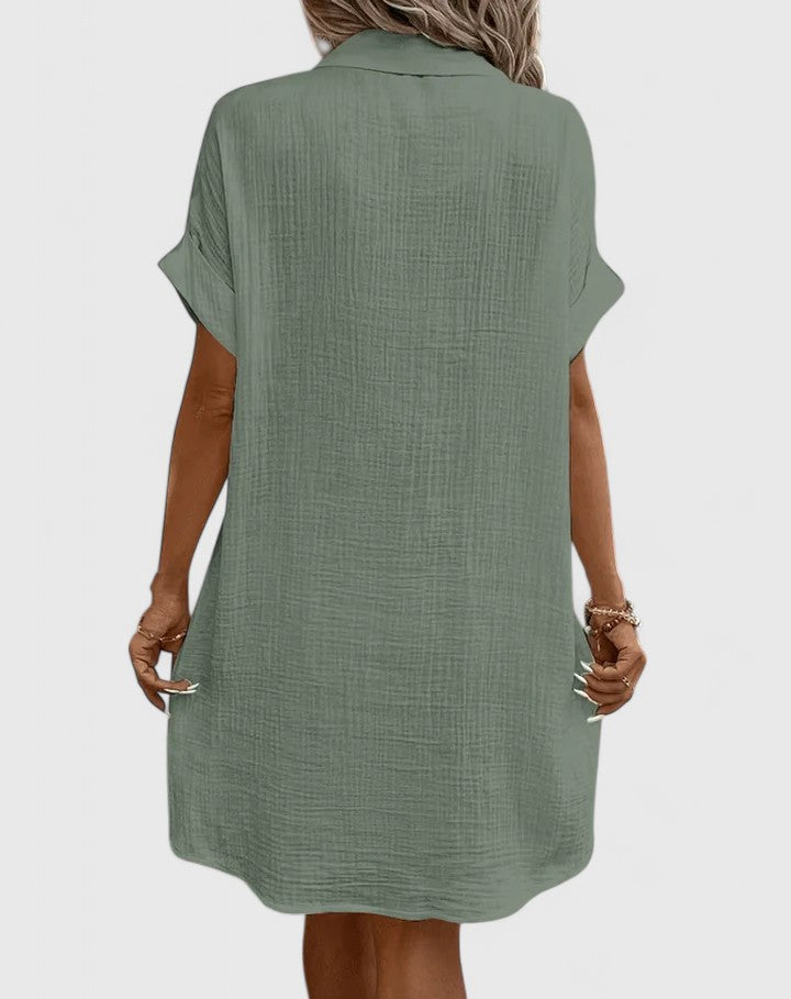Women's Shirt Dress Short Sleeve with Collar and Button Front - 10