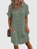 Women's Shirt Dress Short Sleeve with Collar and Button Front - Green