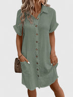 Women's Shirt Dress Short Sleeve with Collar and Button Front - Green