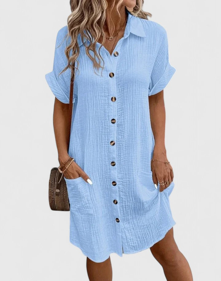 Women's Shirt Dress Short Sleeve with Collar and Button Front - 13