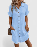 Women's Shirt Dress Short Sleeve with Collar and Button Front - Blue