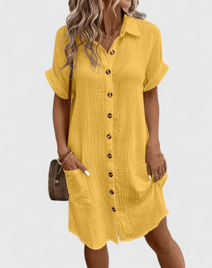 Women's Shirt Dress Short Sleeve with Collar and Button Front - 3