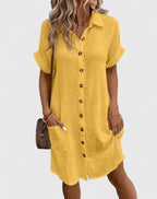 Women's Shirt Dress Short Sleeve with Collar and Button Front - 3