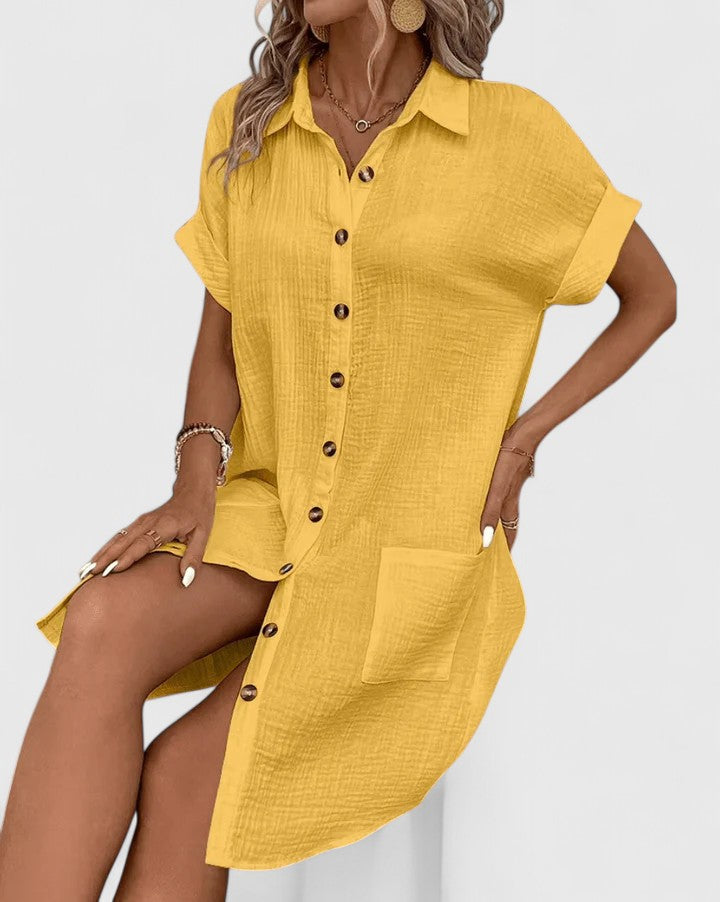 Women's Shirt Dress Short Sleeve with Collar and Button Front