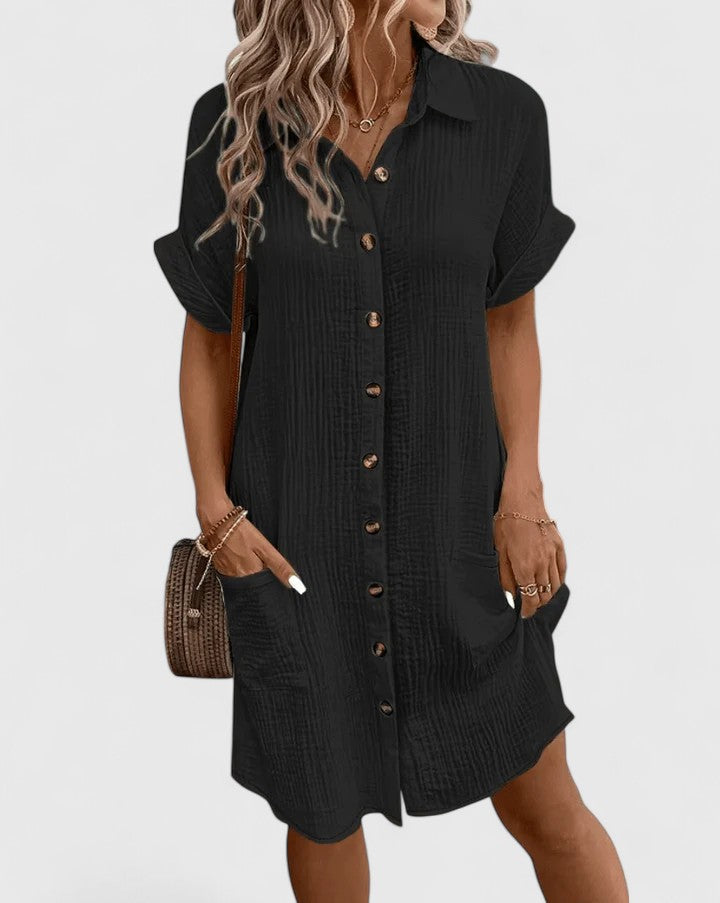 Women's Shirt Dress Short Sleeve with Collar and Button Front - 14