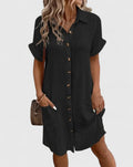 Women's Shirt Dress Short Sleeve with Collar and Button Front - Black