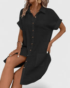 Women's Shirt Dress Short Sleeve with Collar and Button Front - 4