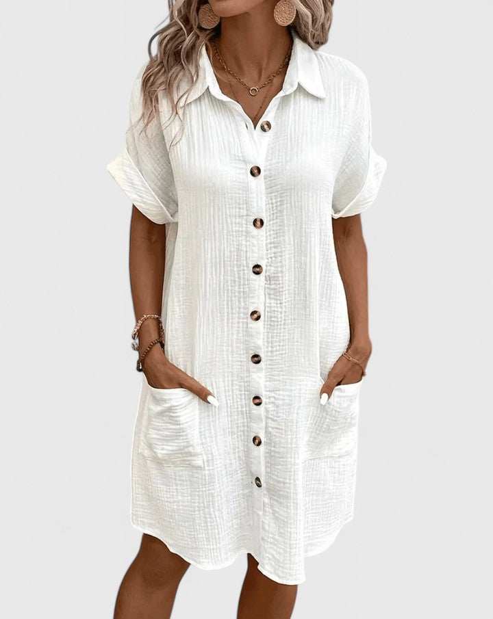 Women's Shirt Dress Short Sleeve with Collar and Button Front - White