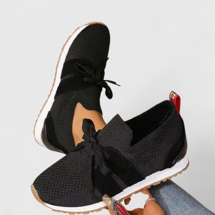 Women's Slip-On Trainers with Lace Detail and Knit Upper - Black
