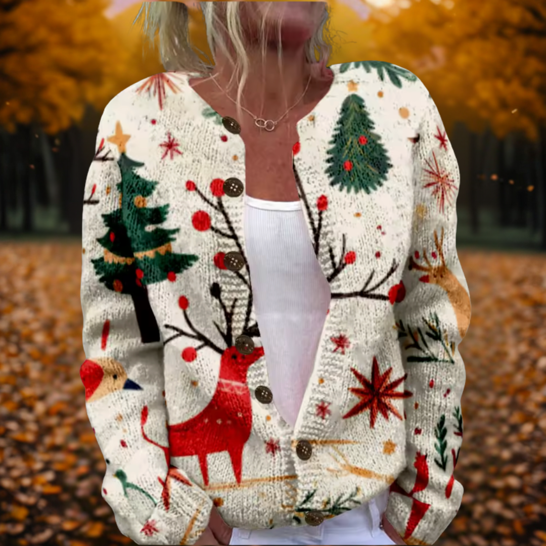 Women's Cardigan Open-Front with Reindeer Print - MultiColour