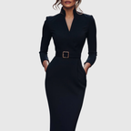 Women's Pencil Midi Dress with Wrap Neckline and Three-Quarter Sleeves