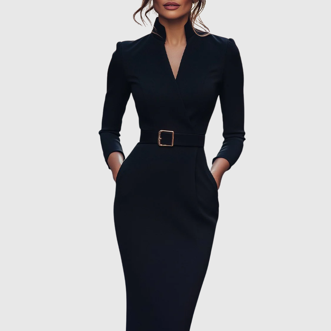 Women's Pencil Midi Dress with Wrap Neckline and Three-Quarter Sleeves