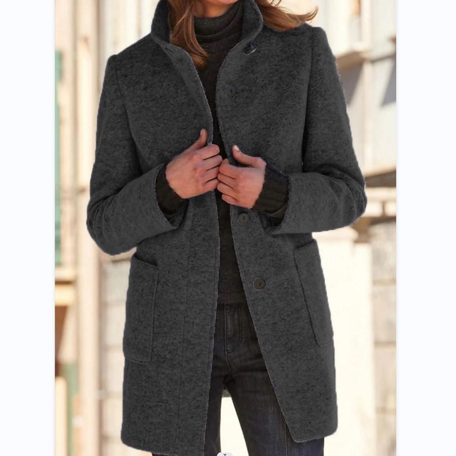 Women's Stand Collar Coat Button Front with Pockets - Black