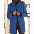Women's Stand Collar Coat Button Front with Pockets - Dark Blue