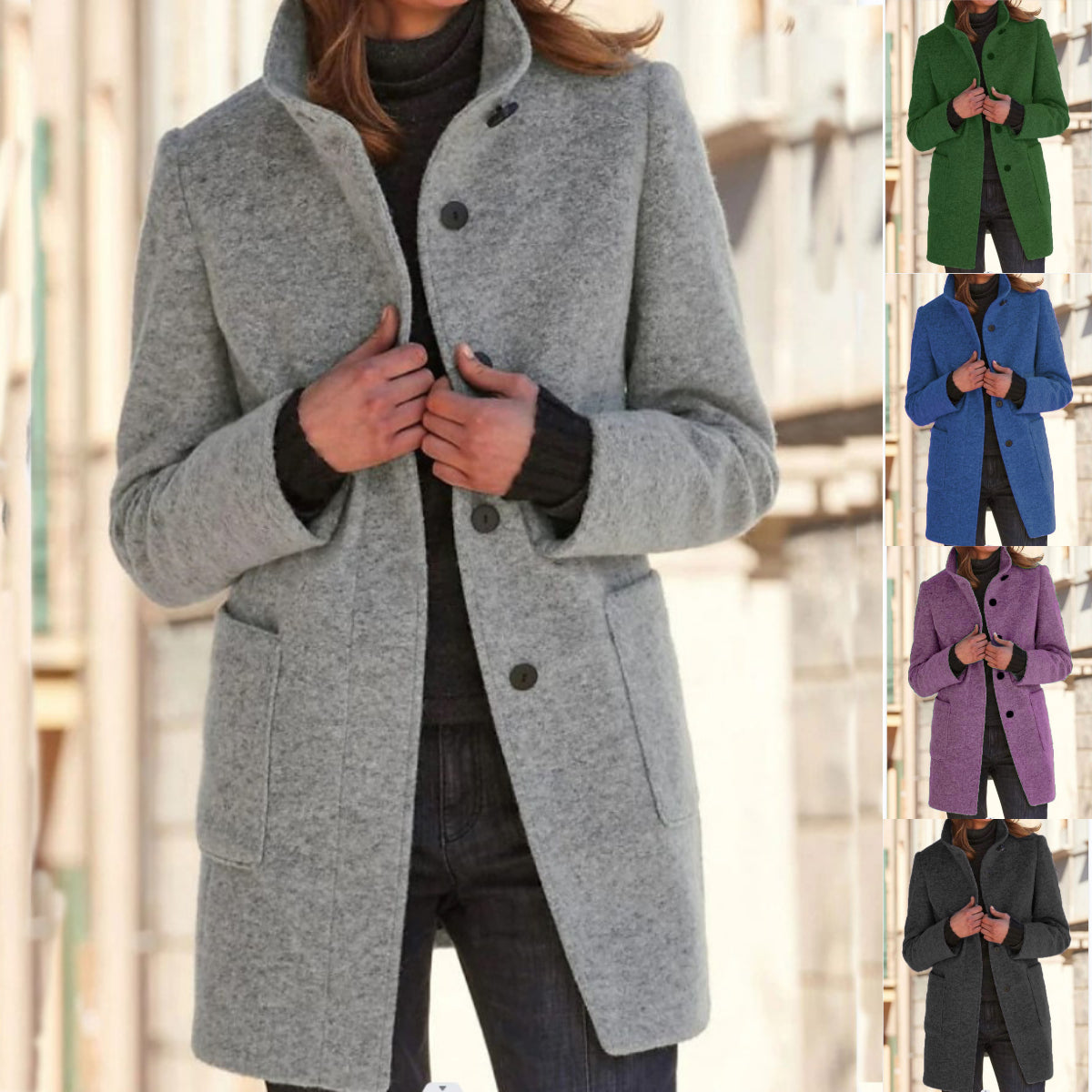 Women's Stand Collar Coat Button Front with Pockets - 7