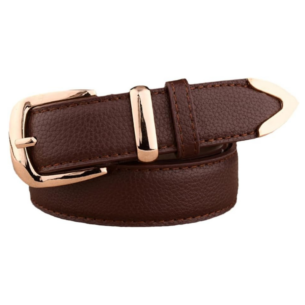 Leather Belt with Gold-Tone Buckle and Textured Finish - Coffee