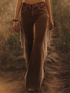 Women's High Waist Flare Jeans with Side Fringe Detail - Brown
