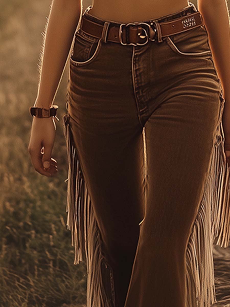 Women's High Waist Flare Jeans with Side Fringe Detail - 5