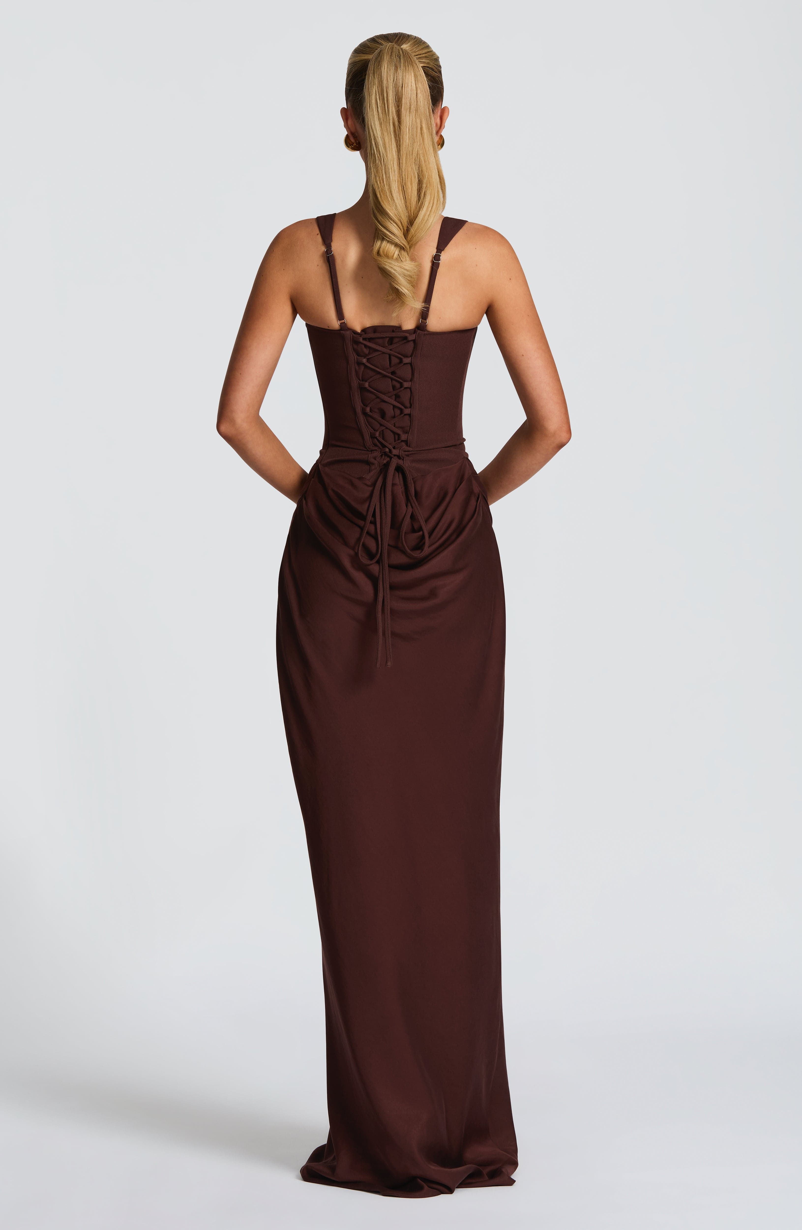 Women's Corset Maxi Dress Sleeveless with Square Neck and Draped Skirt - 3
