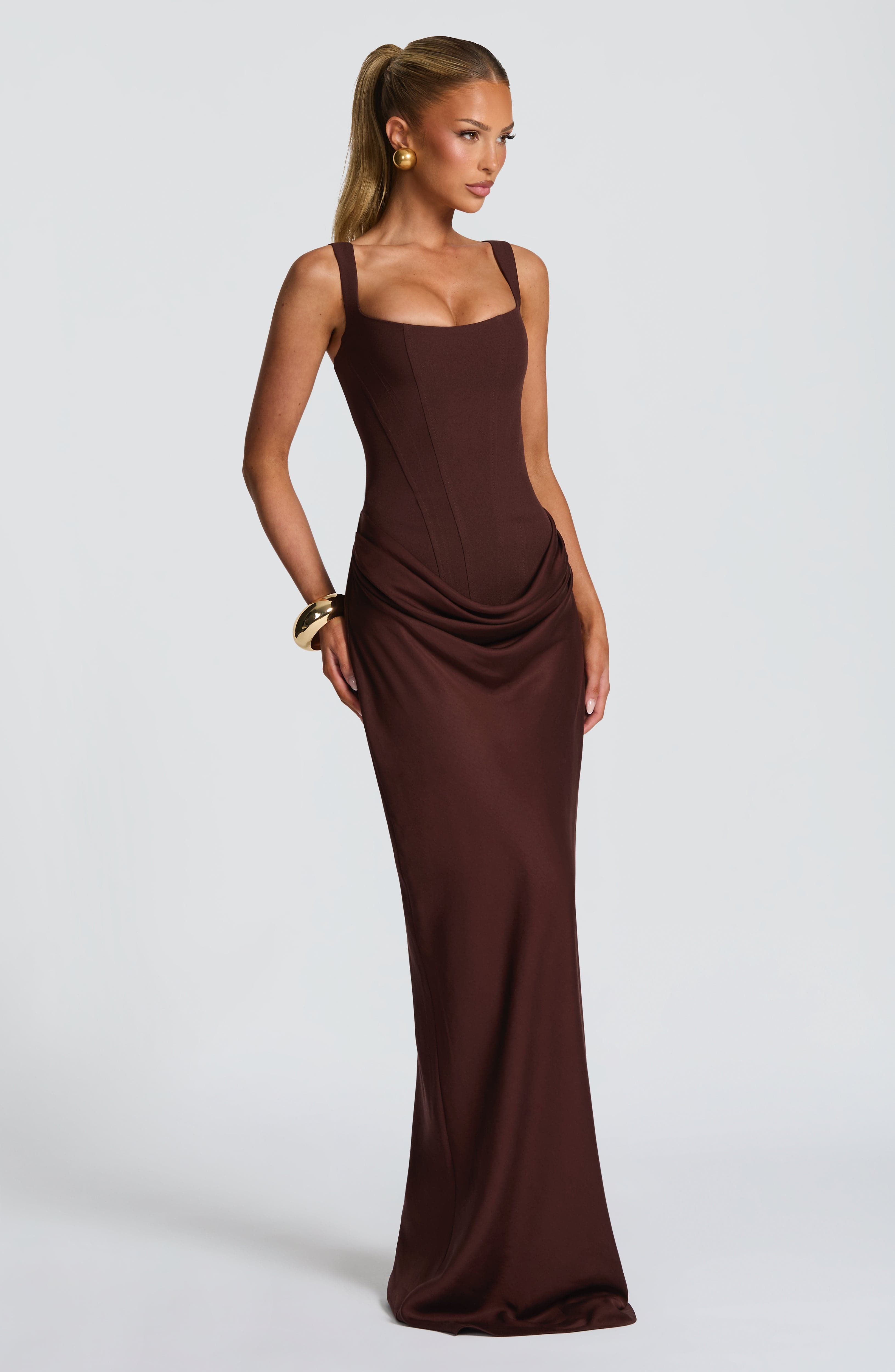 Women's Corset Maxi Dress Sleeveless with Square Neck and Draped Skirt - 5