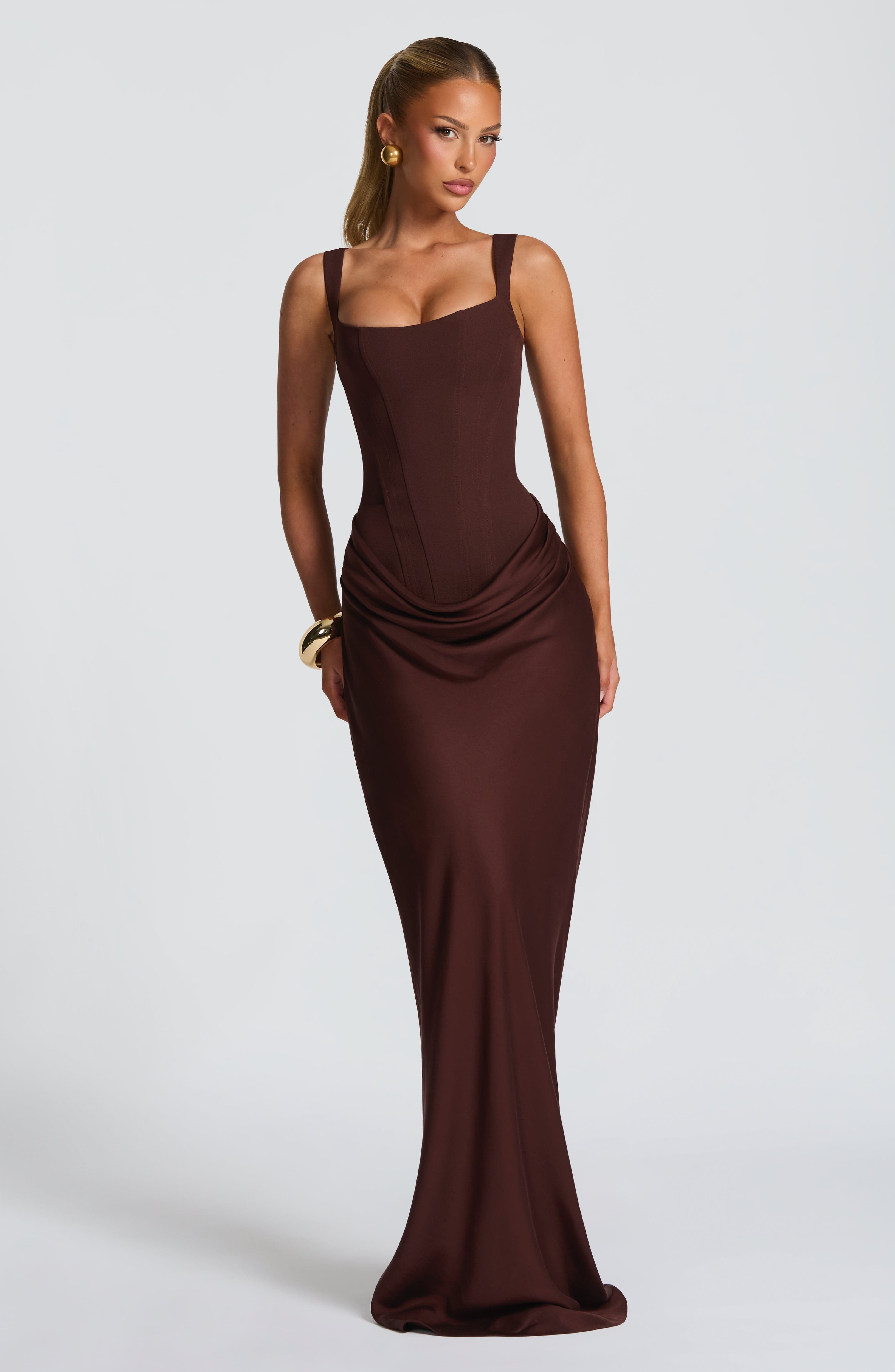 Women's Corset Maxi Dress Sleeveless with Square Neck and Draped Skirt - 2