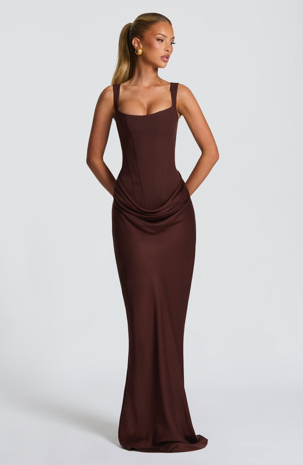 Women's Corset Maxi Dress Sleeveless with Square Neck and Draped Skirt - 11