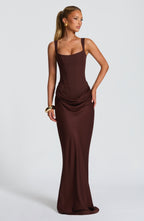 Women's Corset Maxi Dress Sleeveless with Square Neck and Draped Skirt - 10