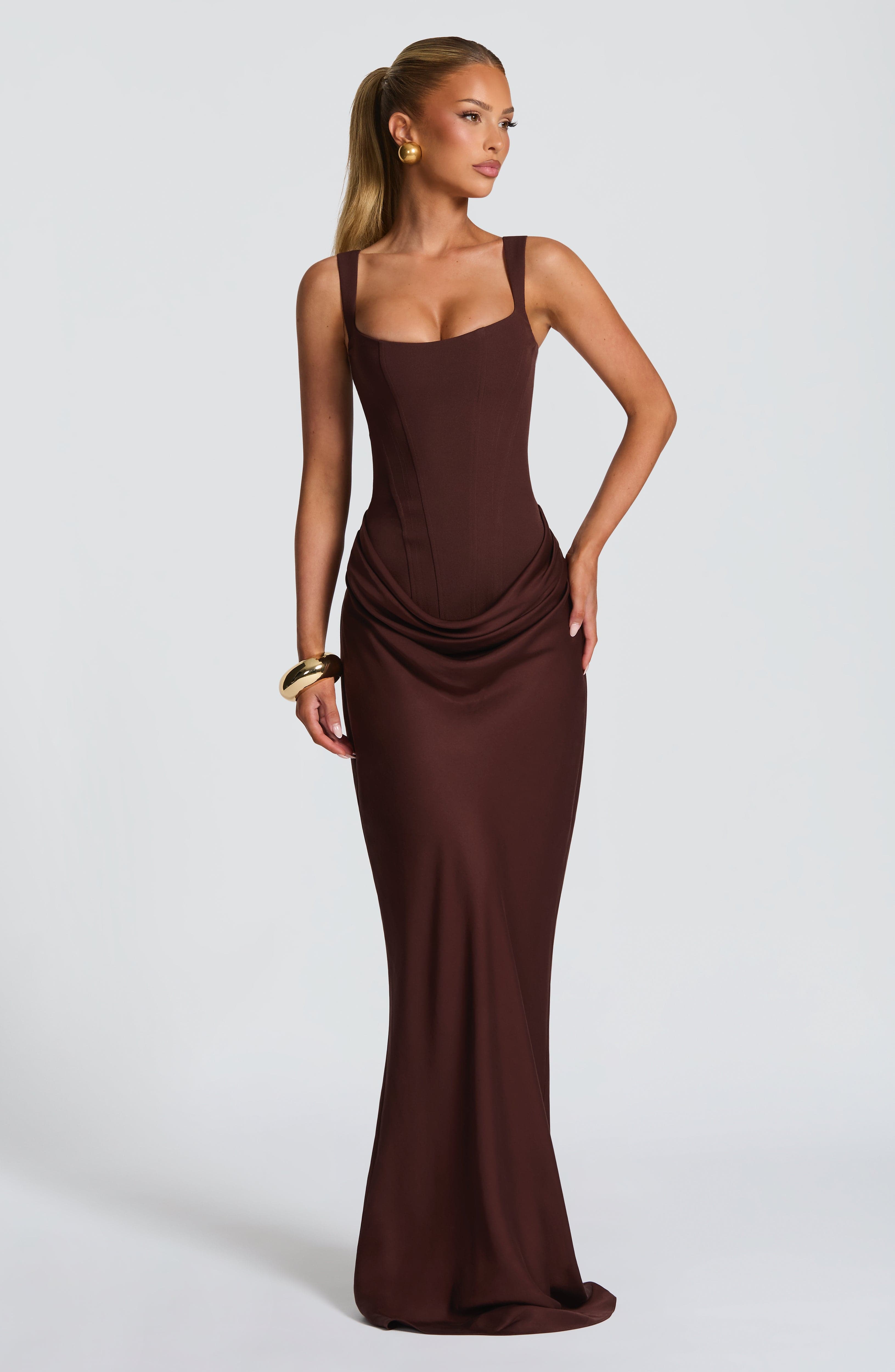 Women's Corset Maxi Dress Sleeveless with Square Neck and Draped Skirt - 10