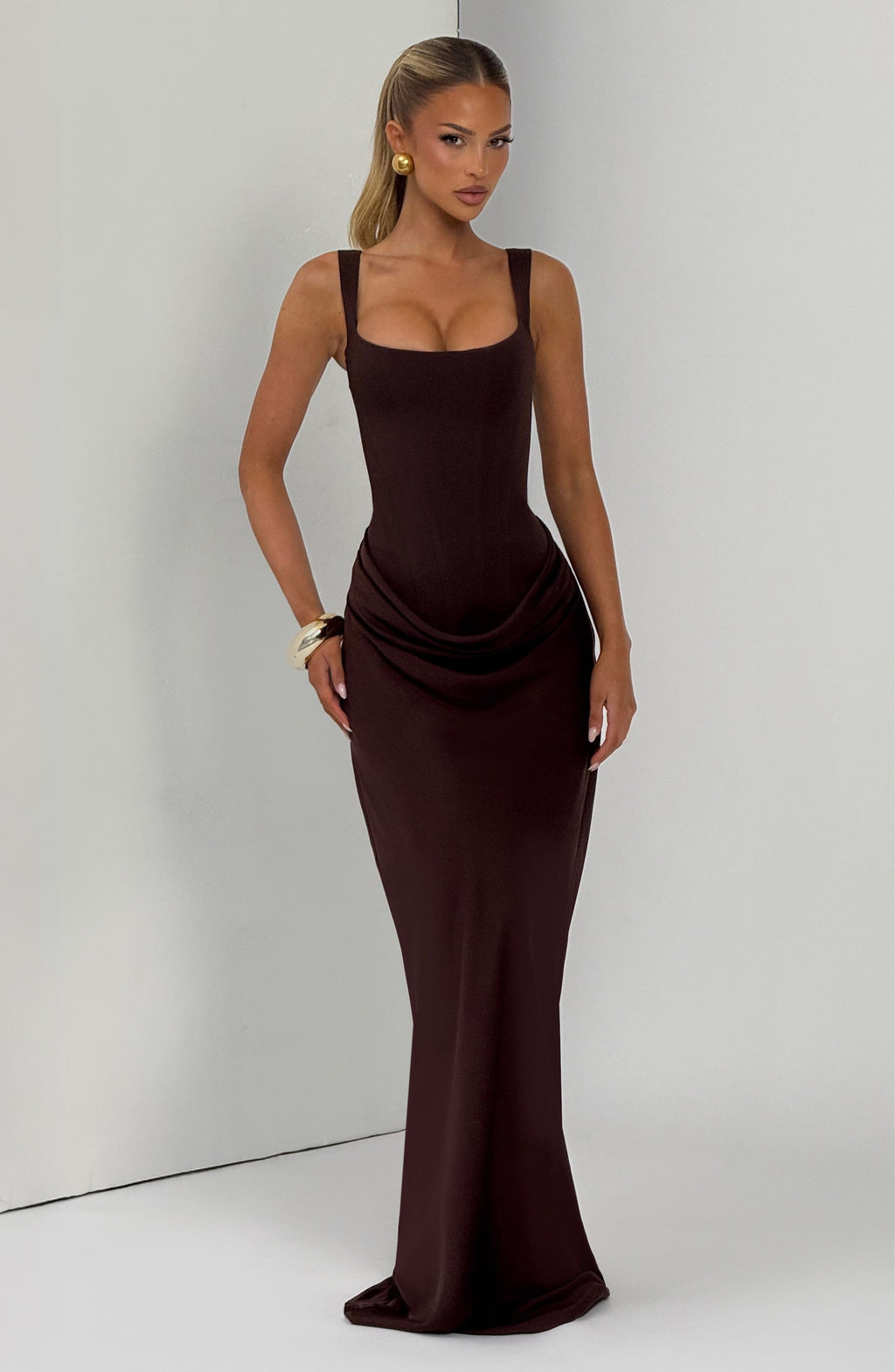 Women's Corset Maxi Dress Sleeveless with Square Neck and Draped Skirt - 9