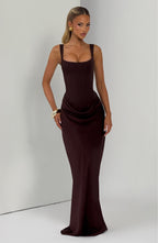 Women's Corset Maxi Dress Sleeveless with Square Neck and Draped Skirt - 9