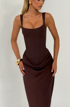 Women's Corset Maxi Dress Sleeveless with Square Neck and Draped Skirt - 7